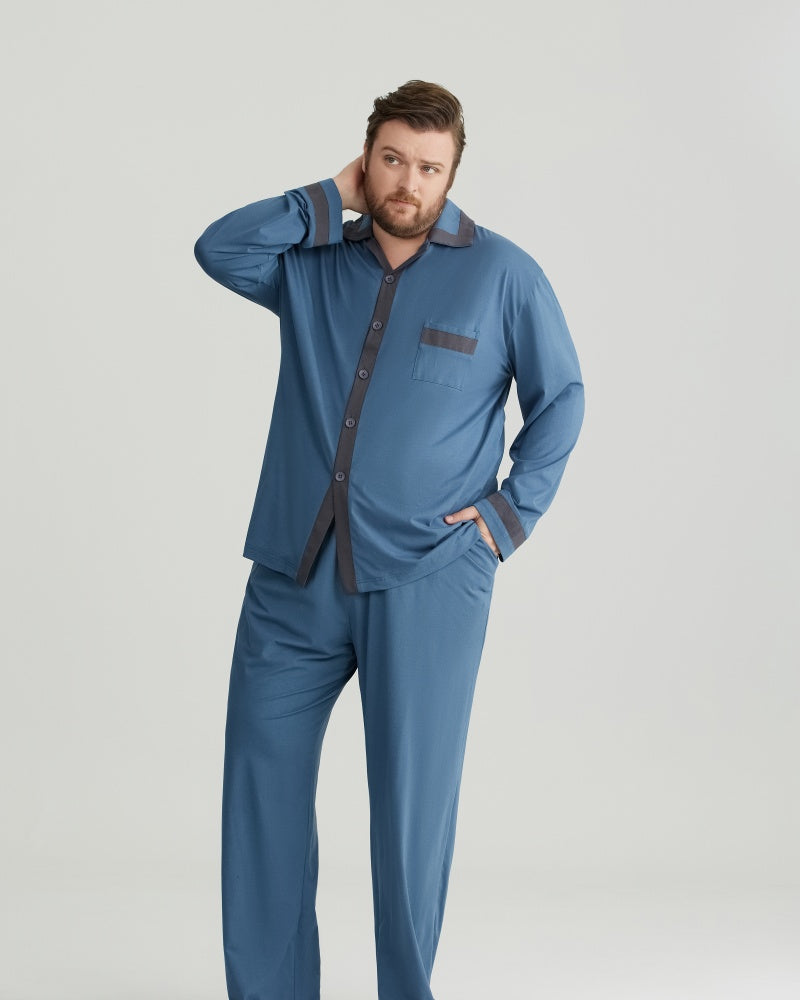 RC Modal Antimicrobial Protection Deep Blue Contrast Trim Long Sleeves Pajamas Set