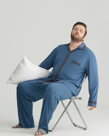 RC Modal Antimicrobial Protection Deep Blue Contrast Trim Long Sleeves Pajamas Set