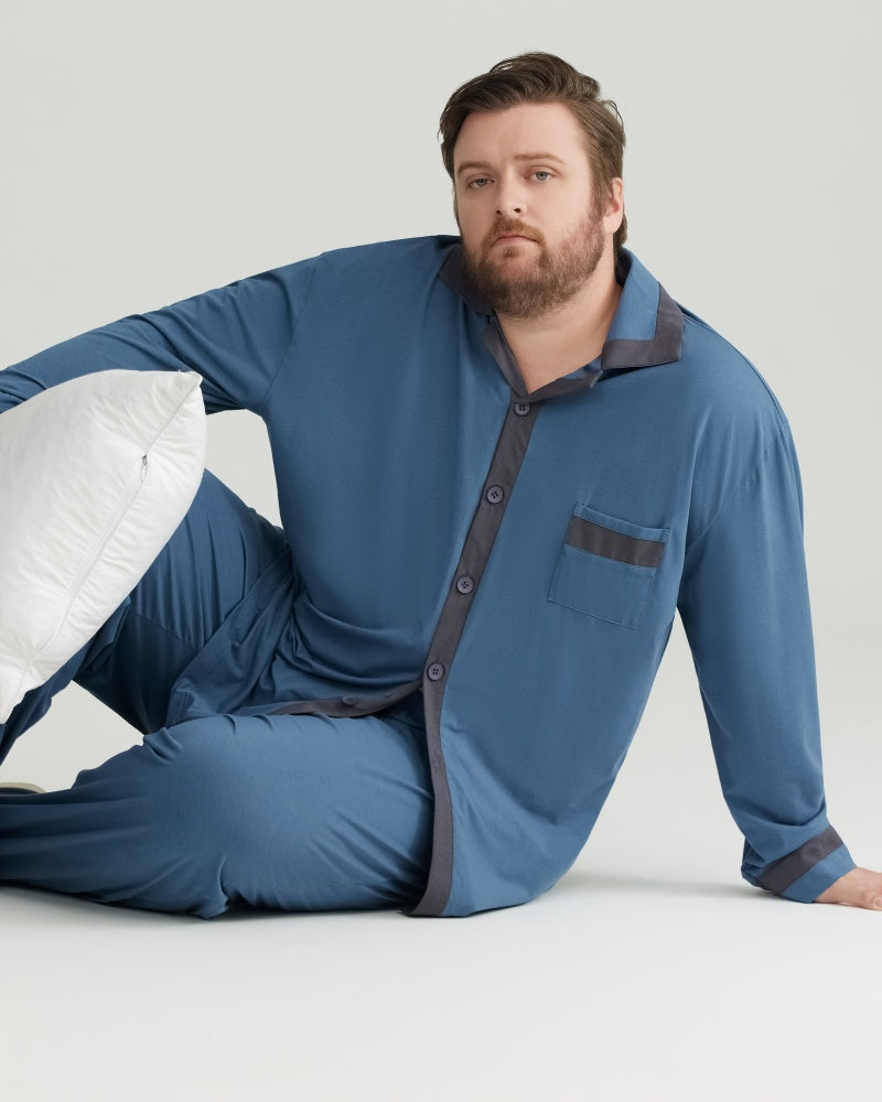 RC Modal Antimicrobial Protection Deep Blue Contrast Trim Long Sleeves Pajamas Set