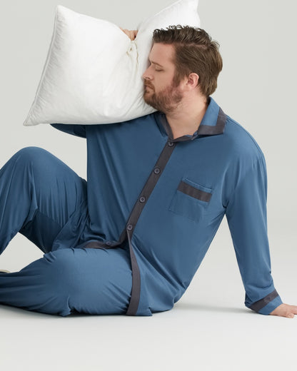 RC Modal Antimicrobial Protection Deep Blue Contrast Trim Long Sleeves Pajamas Set
