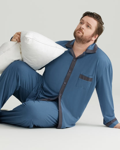 RC Modal Antimicrobial Protection Deep Blue Contrast Trim Long Sleeves Pajamas Set