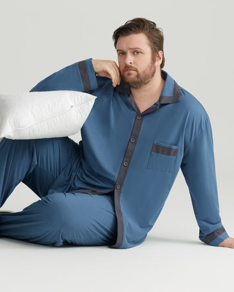 RC Modal Antimicrobial Protection Deep Blue Contrast Trim Long Sleeves Pajamas Set