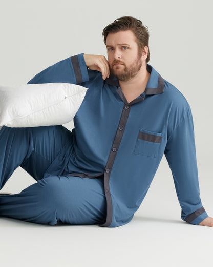 RC Modal Antimicrobial Protection Deep Blue Contrast Trim Long Sleeves Pajamas Set