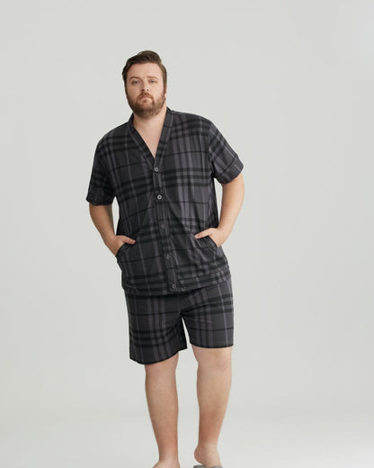 Charcoal Plaid Combed Cotton Short Sleeves Pajamas Set