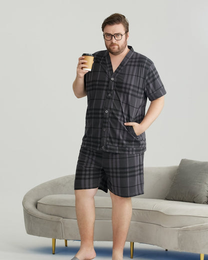 Charcoal Plaid Combed Cotton Short Sleeves Pajamas Set