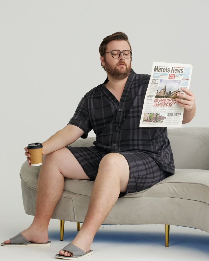 Charcoal Plaid Combed Cotton Short Sleeves Pajamas Set