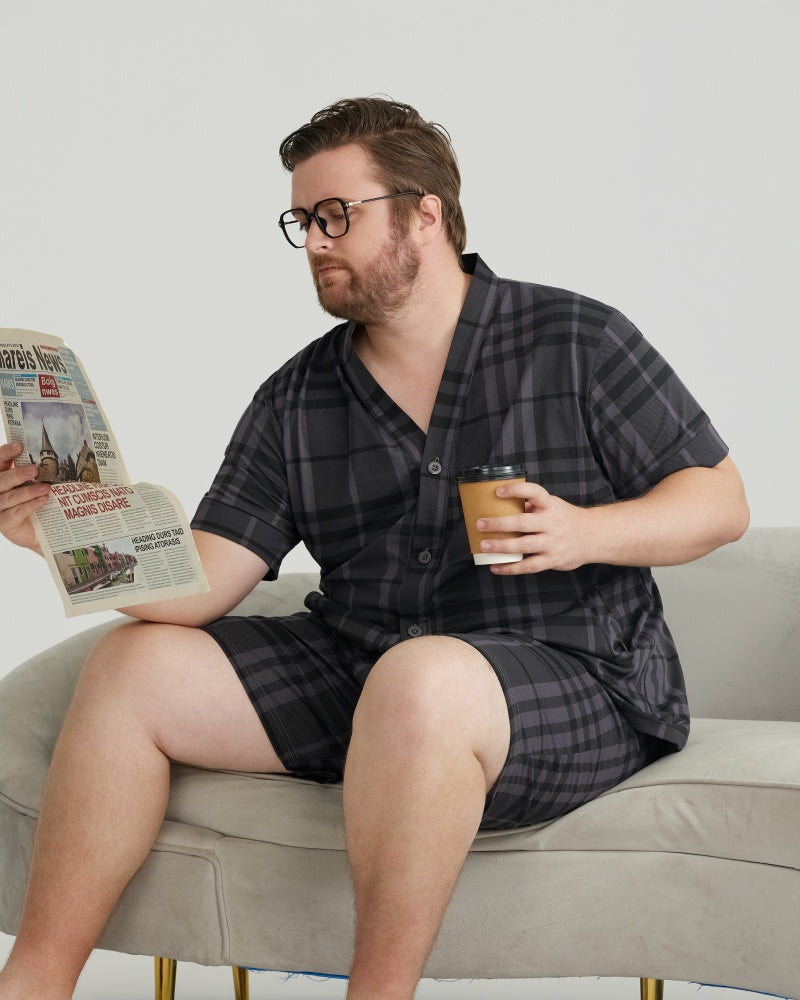 Charcoal Plaid Combed Cotton Short Sleeves Pajamas Set