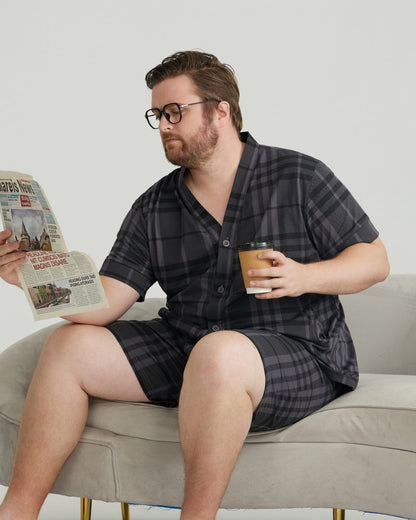 Charcoal Plaid Combed Cotton Short Sleeves Pajamas Set