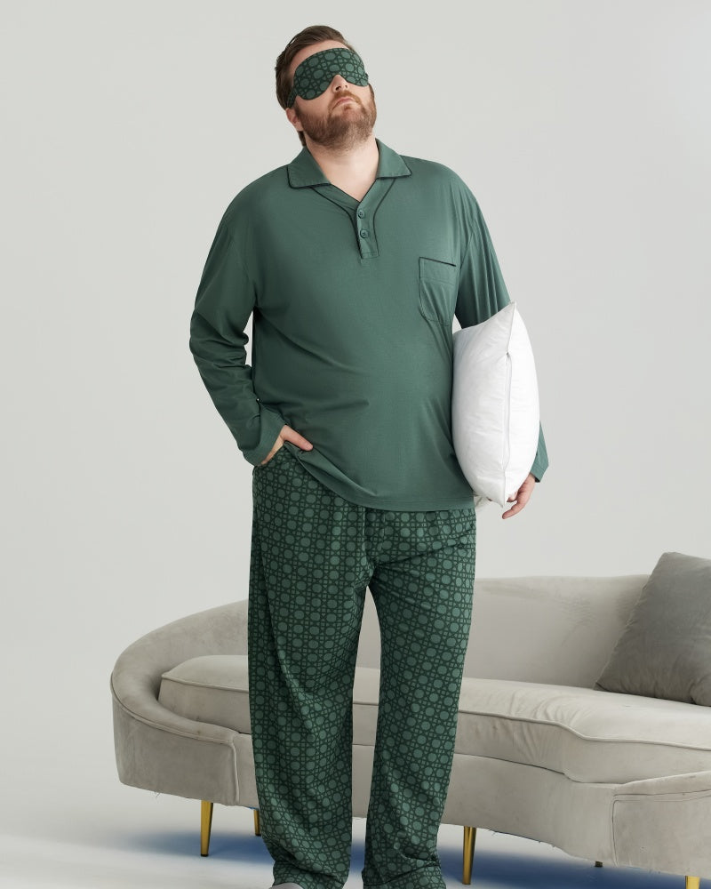 RC Modal Green Solid Collared Top & Checkered Pants Long Sleeves Pajamas Set
