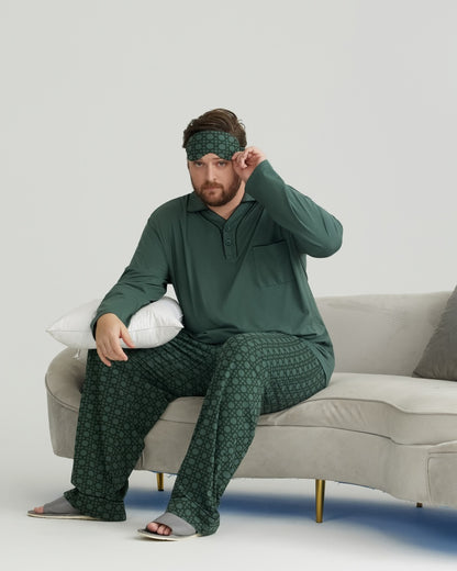 RC Modal Green Solid Collared Top & Checkered Pants Long Sleeves Pajamas Set