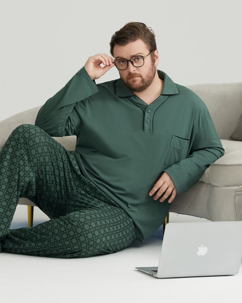 RC Modal Green Solid Collared Top & Checkered Pants Long Sleeves Pajamas Set