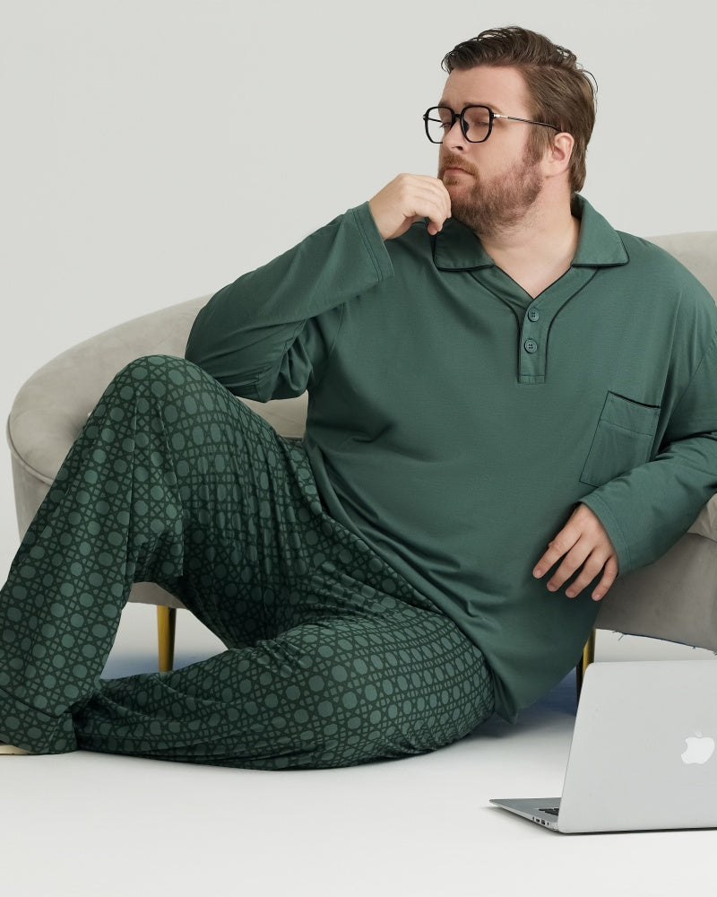 RC Modal Green Solid Collared Top & Checkered Pants Long Sleeves Pajamas Set