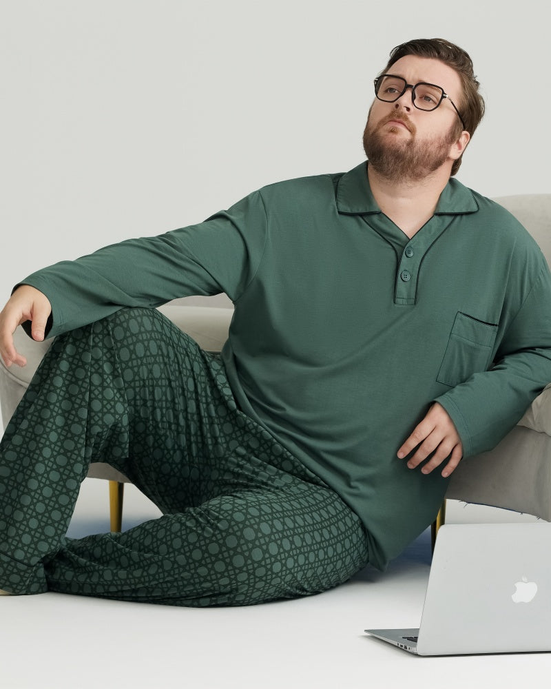RC Modal Green Solid Collared Top & Checkered Pants Long Sleeves Pajamas Set