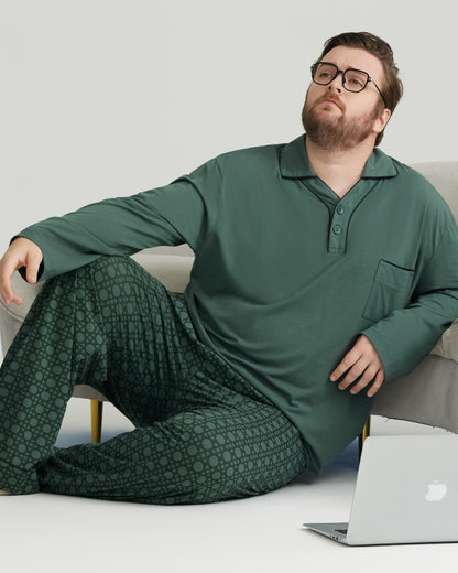 RC Modal Green Solid Collared Top & Checkered Pants Long Sleeves Pajamas Set