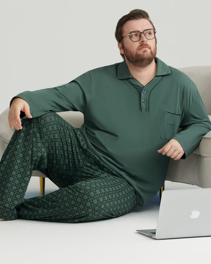 RC Modal Green Solid Collared Top & Checkered Pants Long Sleeves Pajamas Set