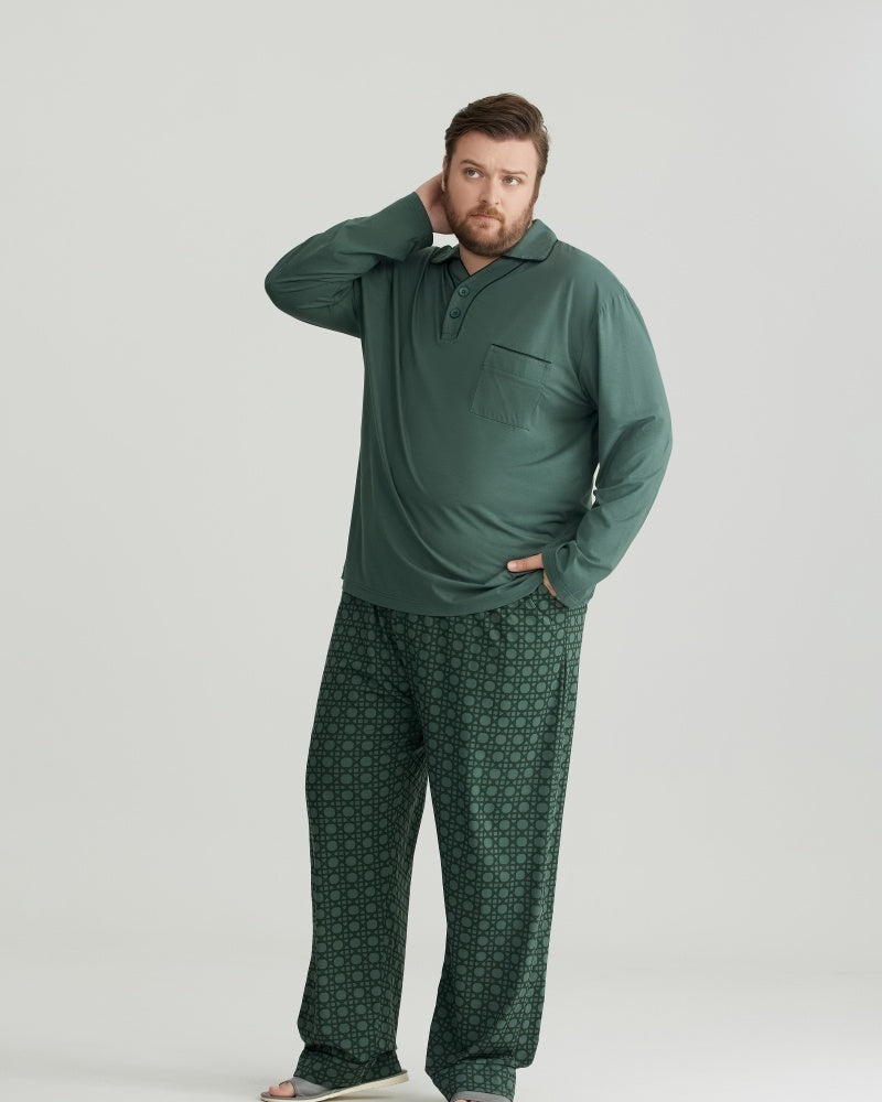 RC Modal Green Solid Collared Top & Checkered Pants Long Sleeves Pajamas Set
