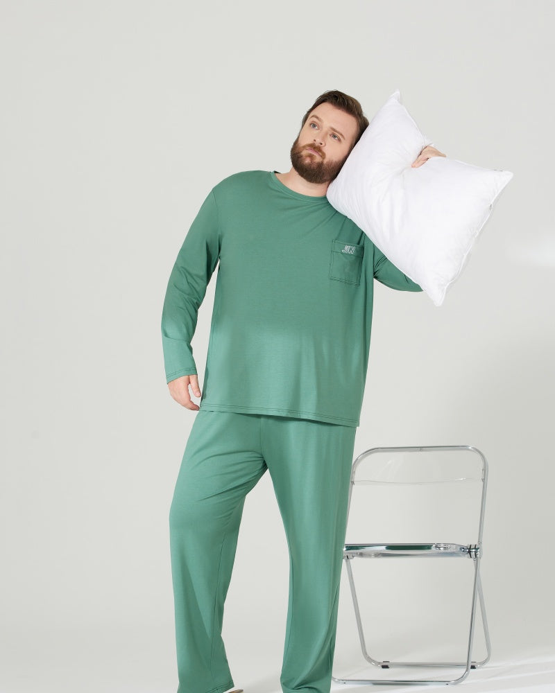 RC Modal Antimicrobial Protection Green Round Neck Long Sleeves Pajamas Set