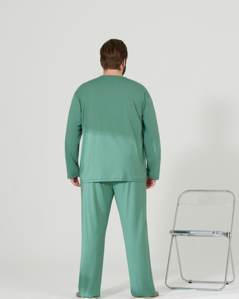 RC Modal Antimicrobial Protection Green Round Neck Long Sleeves Pajamas Set