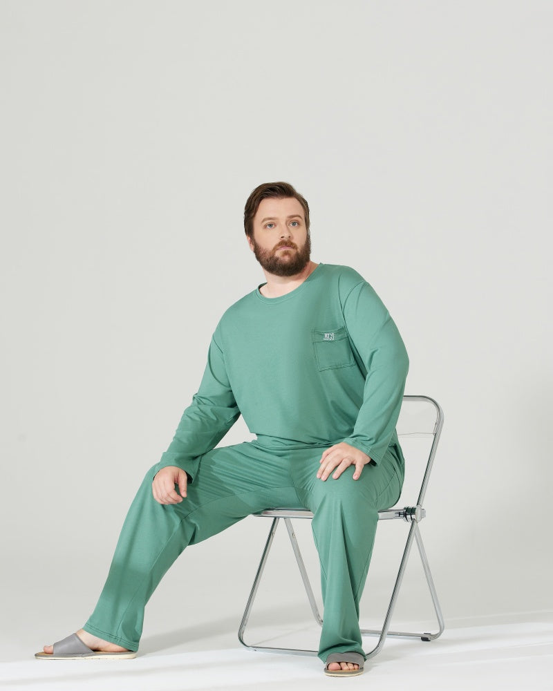RC Modal Antimicrobial Protection Green Round Neck Long Sleeves Pajamas Set