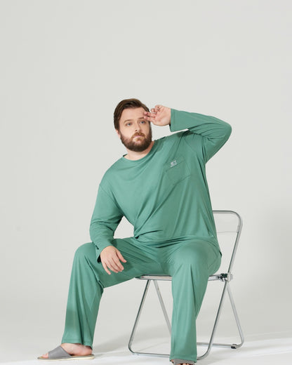 RC Modal Antimicrobial Protection Green Round Neck Long Sleeves Pajamas Set
