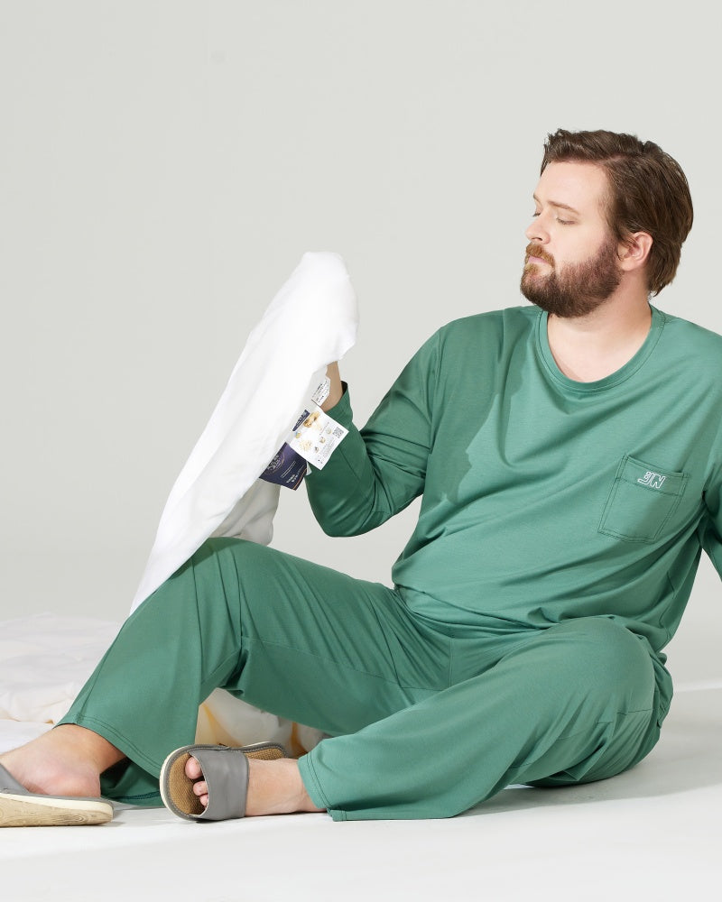 RC Modal Antimicrobial Protection Green Round Neck Long Sleeves Pajamas Set