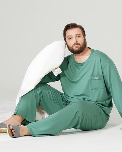 RC Modal Antimicrobial Protection Green Round Neck Long Sleeves Pajamas Set