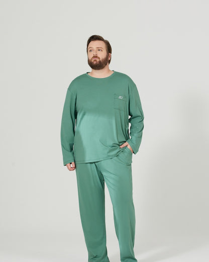 RC Modal Antimicrobial Protection Green Round Neck Long Sleeves Pajamas Set
