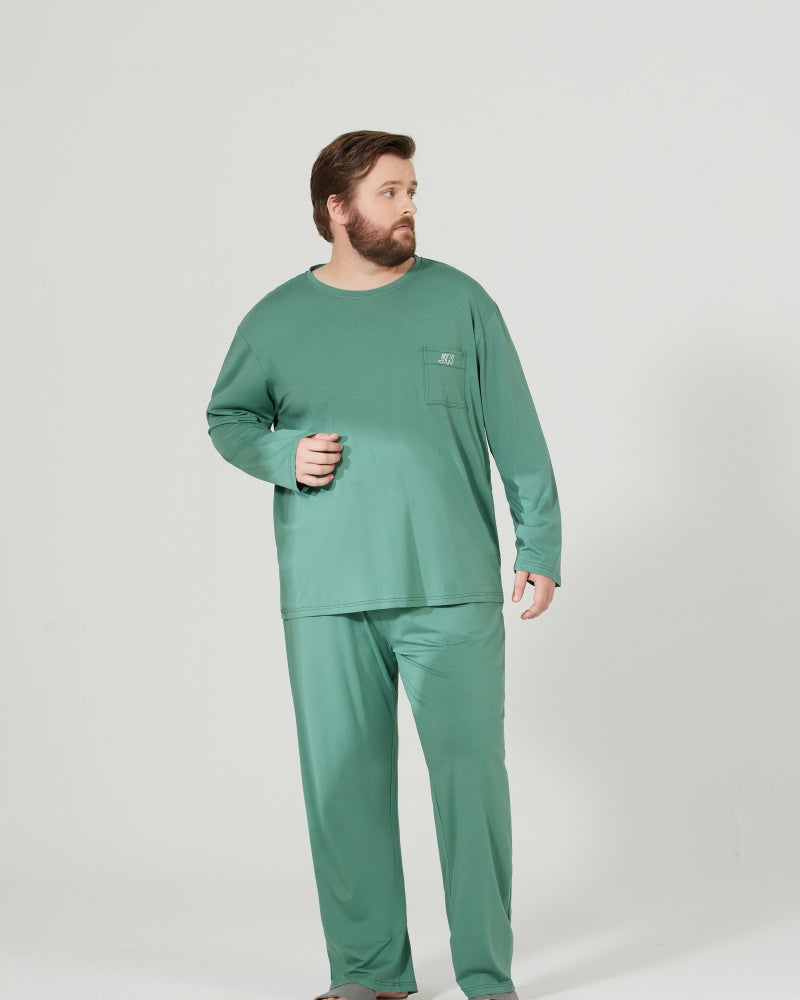 RC Modal Antimicrobial Protection Green Round Neck Long Sleeves Pajamas Set