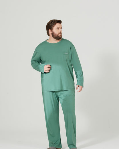 RC Modal Antimicrobial Protection Green Round Neck Long Sleeves Pajamas Set