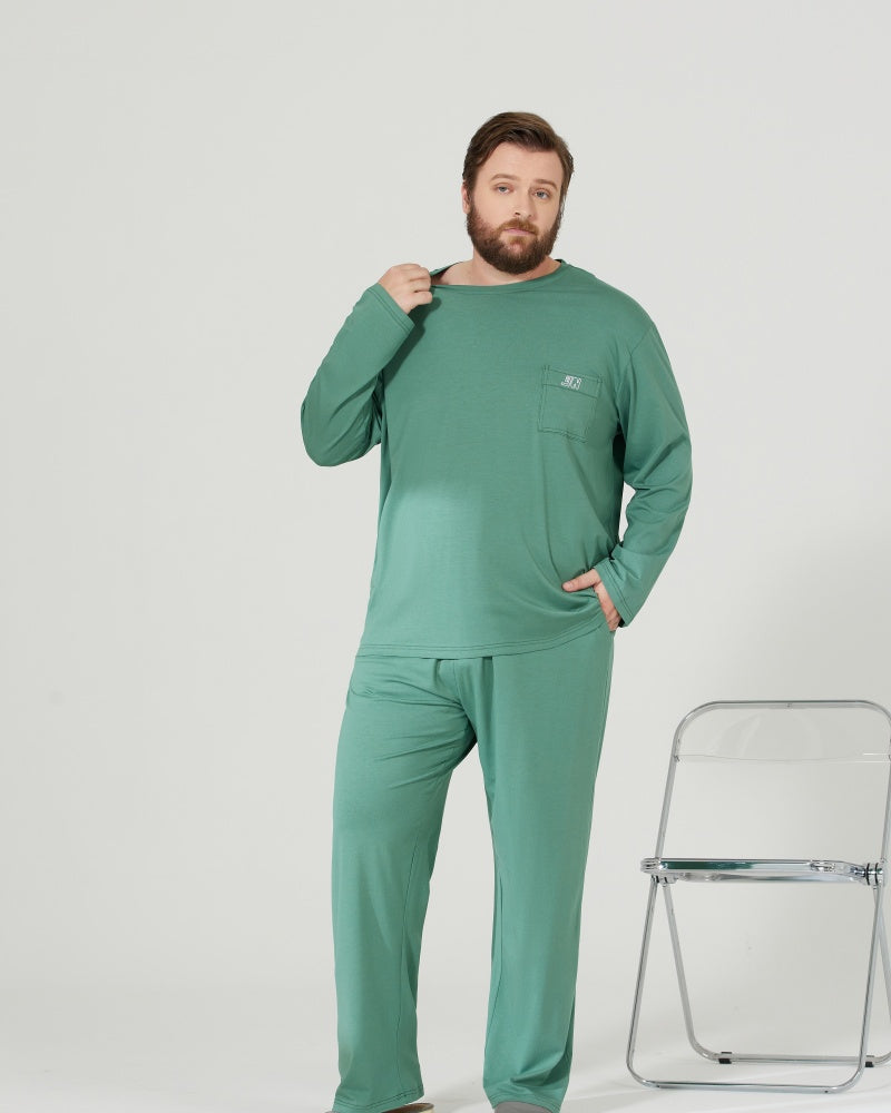 RC Modal Antimicrobial Protection Green Round Neck Long Sleeves Pajamas Set