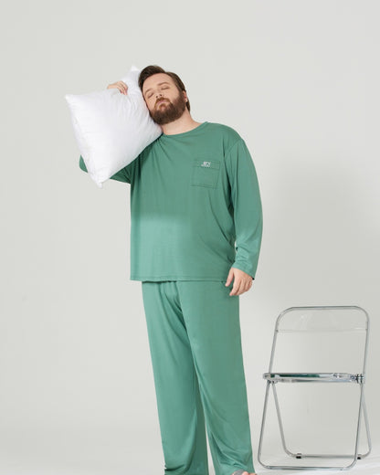RC Modal Antimicrobial Protection Green Round Neck Long Sleeves Pajamas Set